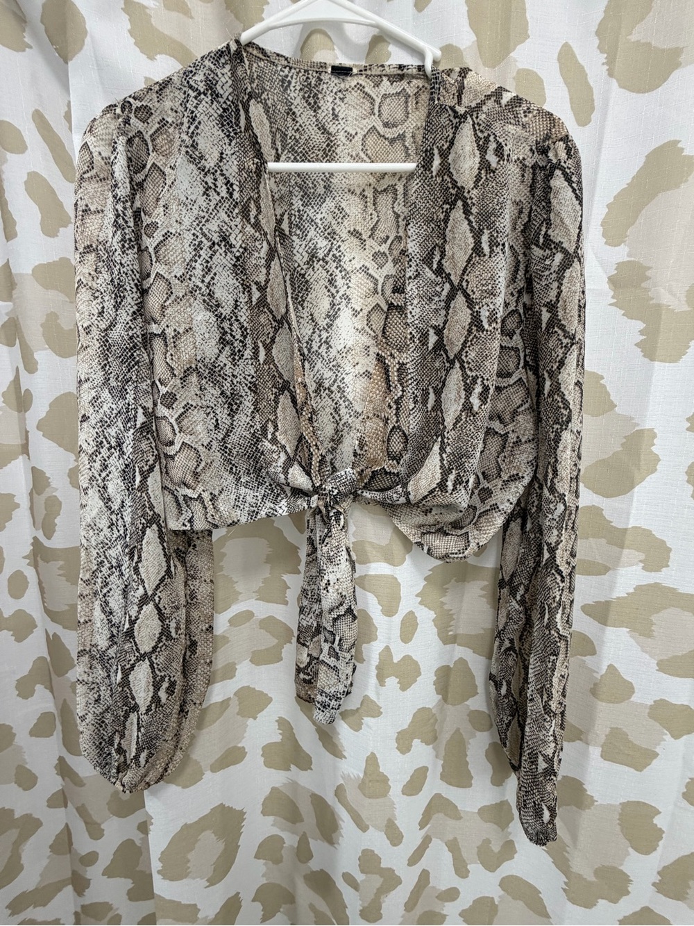 Tie-Front Snake Print Long Sleeve Top - Neutral